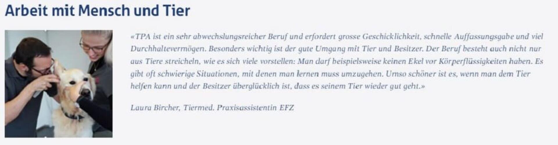 Eine Frau im Tierarztkittel untersucht einen hellen Hund, während ein Mann den Kopf des Hundes streichelt. Beide betrachten das Tier liebevoll in einer klinischen Umgebung.