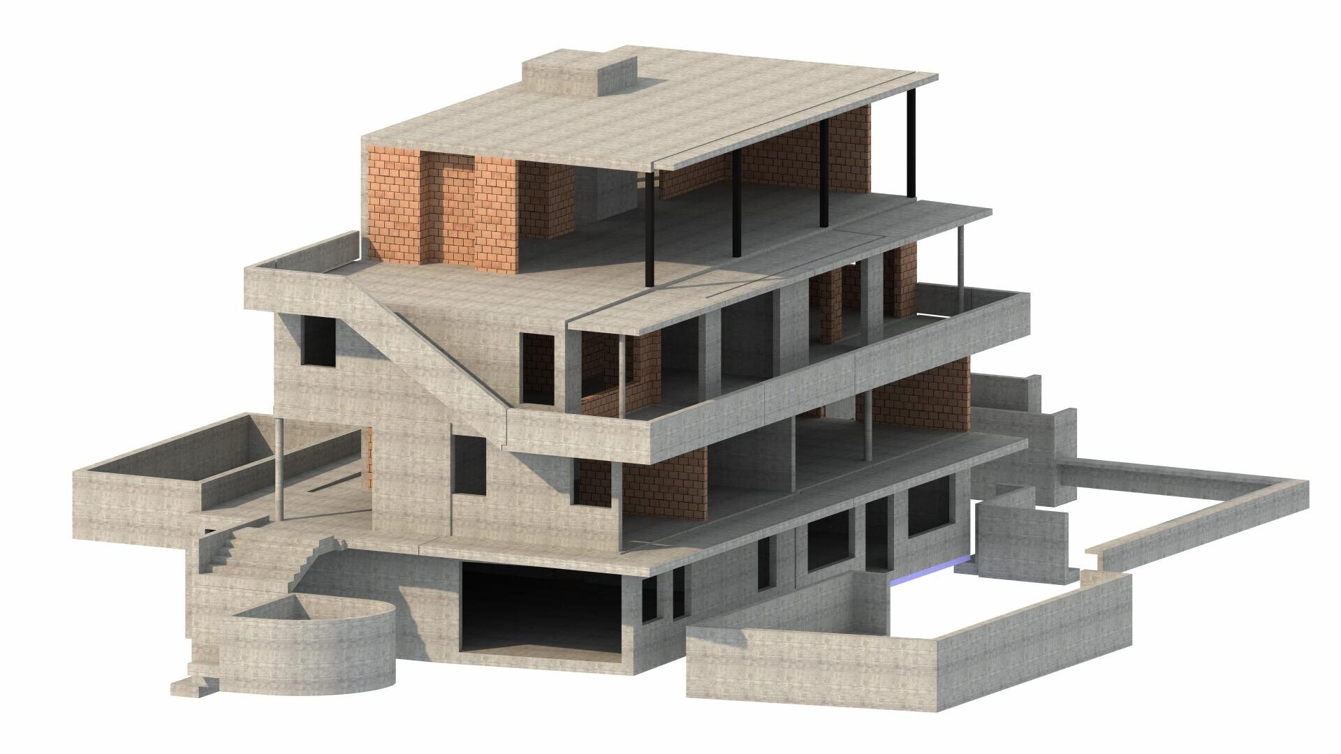 3D-Rendering eines im Bau befindlichen mehrstöckigen Gebäudes mit Sichtbetonböden, Wänden, Säulen, teilweisem Mauerwerk und Freiflächen für Fenster und Türen, wobei einige Bereiche noch nicht fertiggestellt sind.