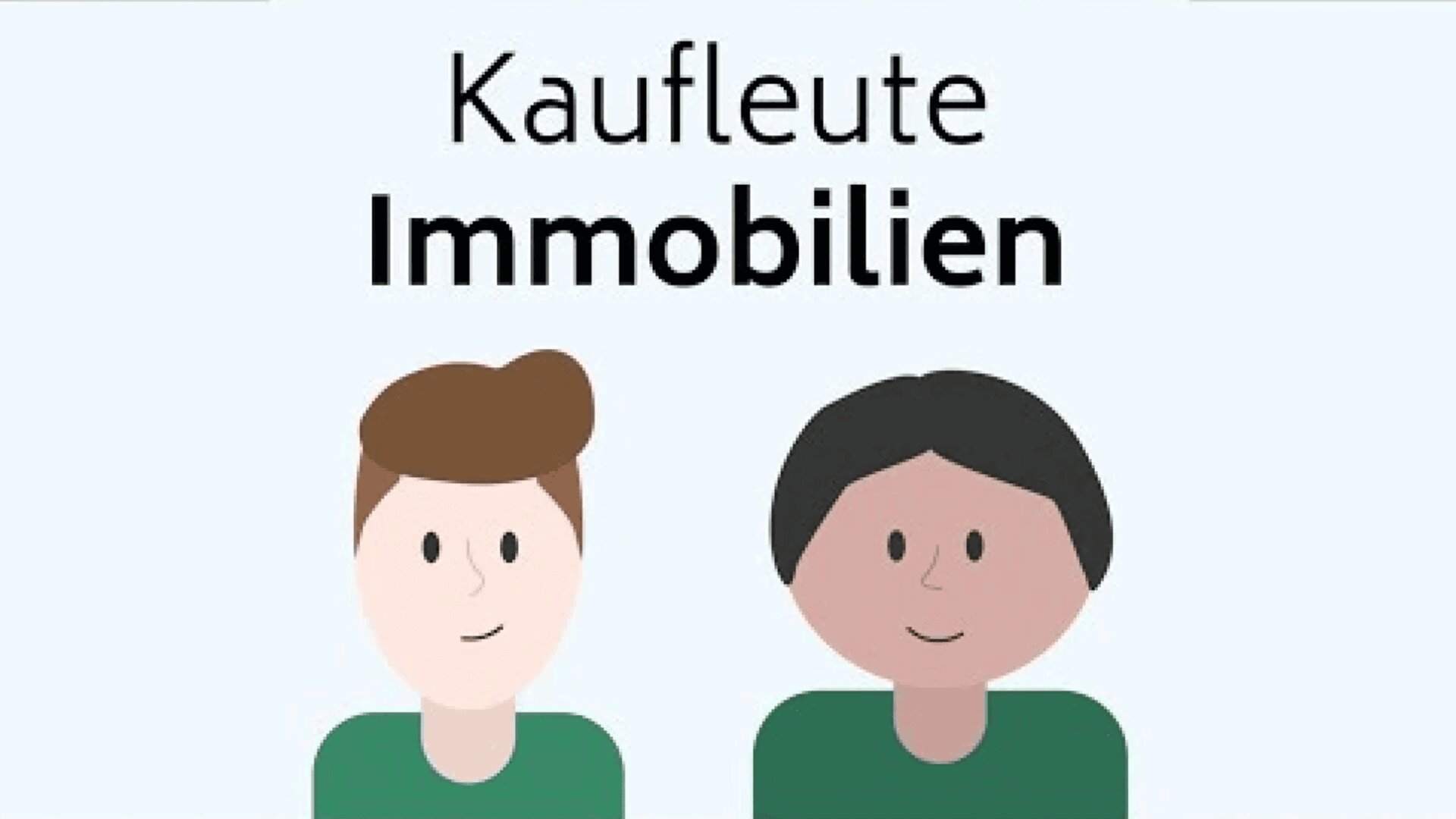 Illustration von zwei Personen mit unterschiedlichen Haarfarben unter dem Schriftzug Kaufleute Immobilien auf einem hellblauen Hintergrund.