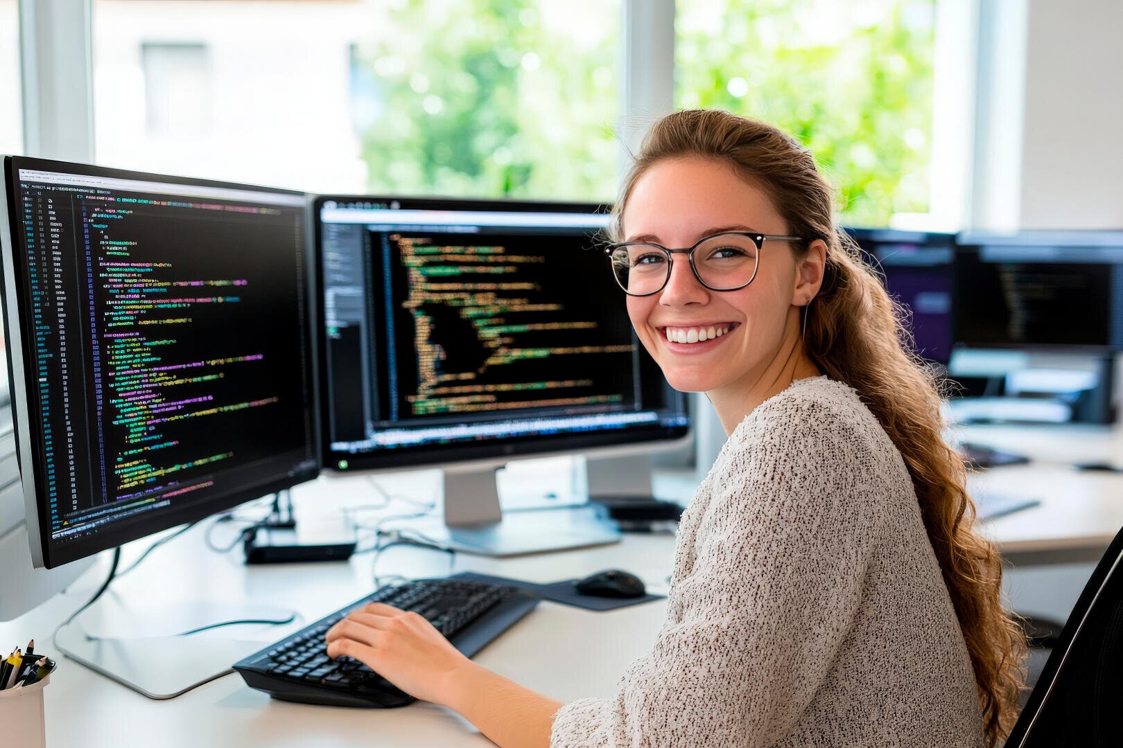 Eine junge Frau mit Brille lächelt in die Kamera, während sie an einem Schreibtisch mit mehreren Computermonitoren sitzt, auf denen bunte Codes in einer Büroumgebung angezeigt werden.