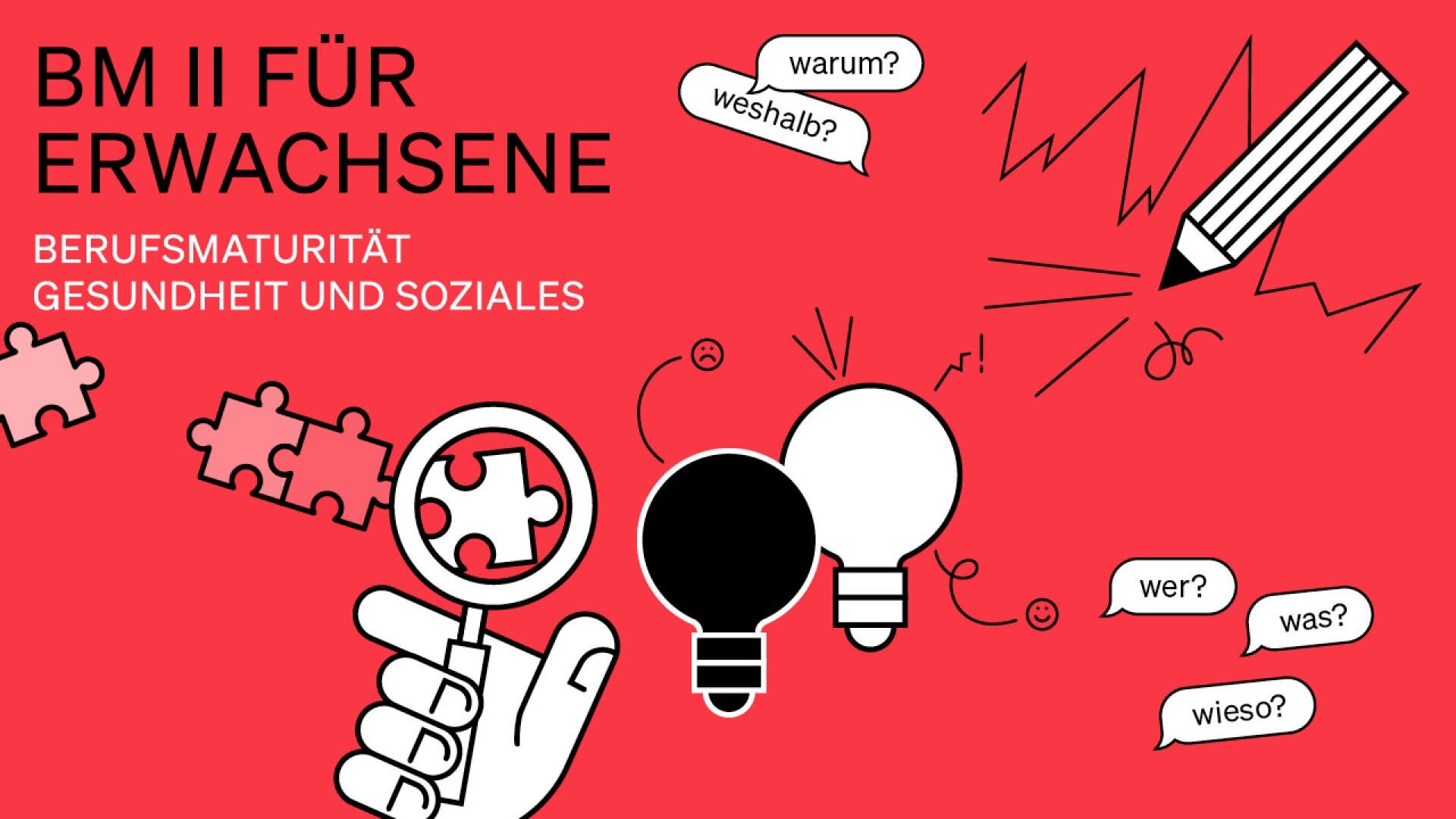 Rote Grafik mit deutschem Text BM II für Erwachsene und Berufsmaturität Gesundheit und Soziales. Die Illustrationen zeigen eine Hand mit einer Lupe, ein Puzzleteil, Glühbirnen, einen Bleistift und Sprechblasen mit Fragen.