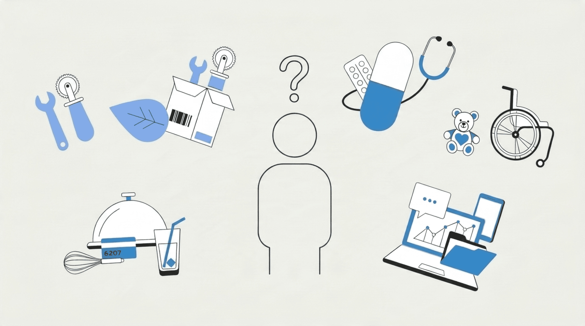Eine Strichzeichnung mit einem Fragezeichen über dem Kopf, umgeben von Symbolen, die für Werkzeuge, Gesundheitswesen, Gastgewerbe, Kinderbetreuung und Technologie stehen.