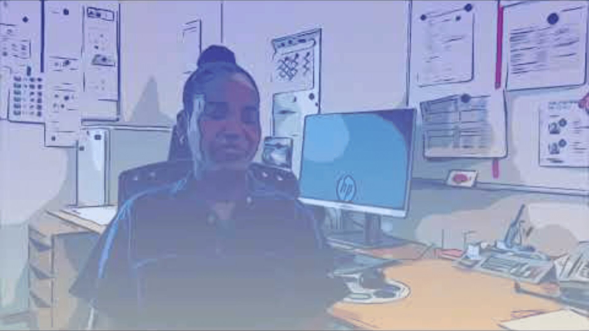 Cartoon-Illustration einer Frau, die an einem Schreibtisch mit einem Computer und Papieren an der Wand sitzt.