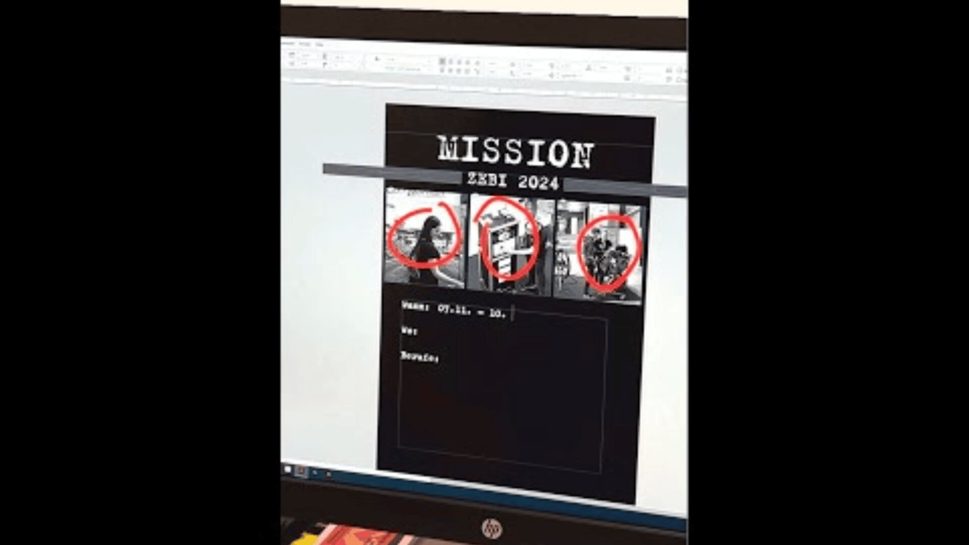 Auf einem Computerbildschirm wird ein Dokument mit dem Titel MISSION 2024 angezeigt, das drei rot eingekreiste Schwarz-Weiß-Fotos von Personen enthält. Unterhalb der Fotos befinden sich leere Felder mit den Bezeichnungen Name, Alter und Bemerkungen.