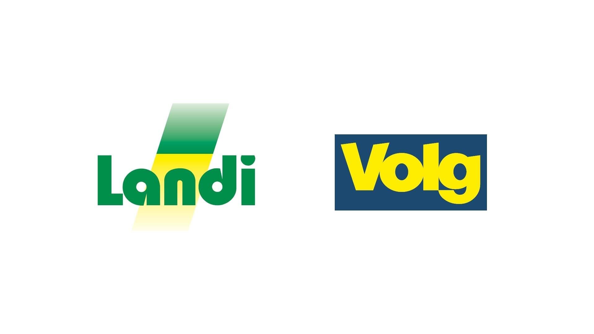 Logos zweier Marken: links das Landi-Logo in Grün mit gelbem Verlaufsstreifen, rechts das Volg-Logo in gelber Schrift auf blauem Rechteck. Beide stehen auf einem weißen Hintergrund.