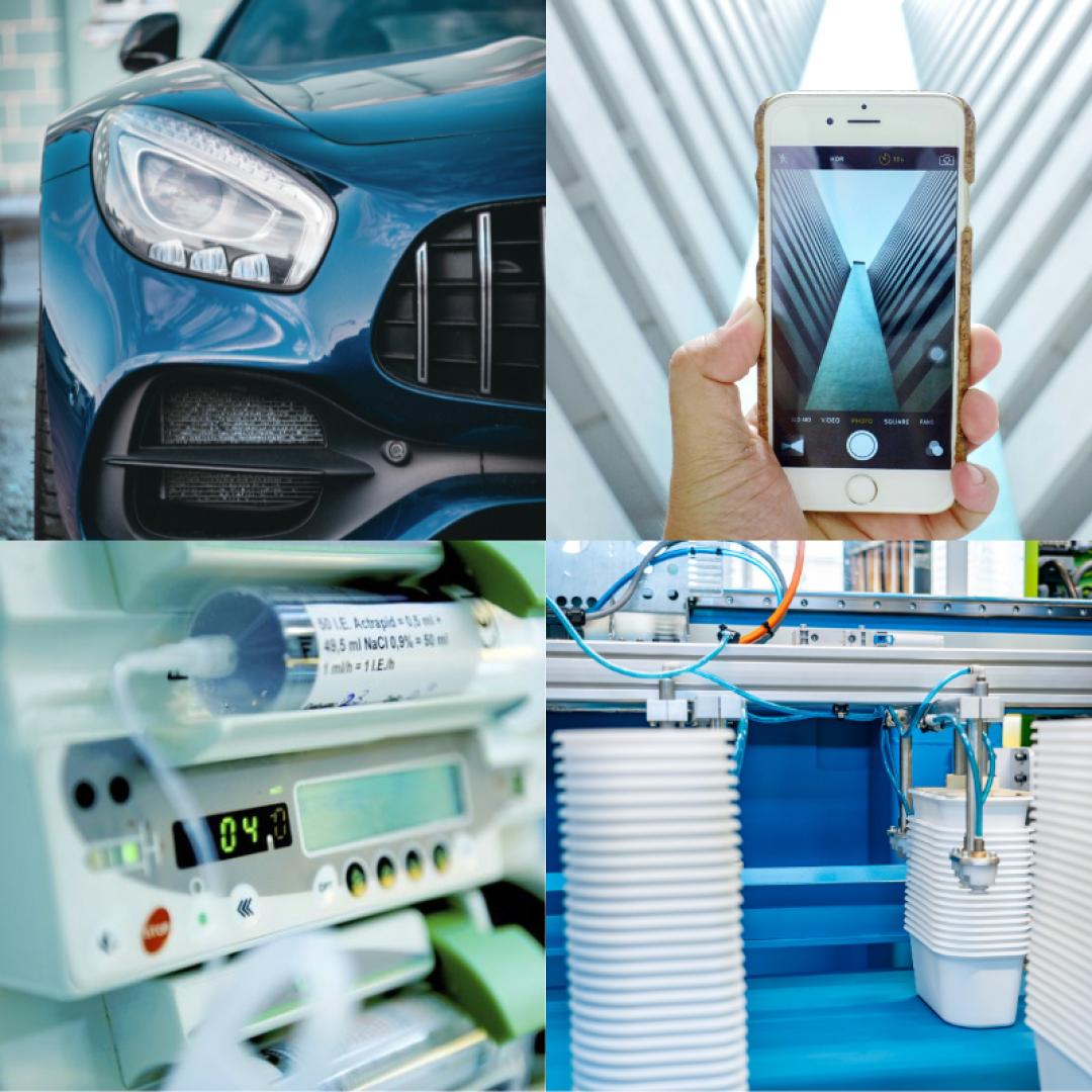 Eine Collage, die eine Nahaufnahme eines blauen Autos, eine Hand, die ein Smartphone hält und ein Foto von hohen Gebäuden macht, einen digitalen Stromzähler sowie Industrieanlagen mit Kabeln und Maschinen zeigt.