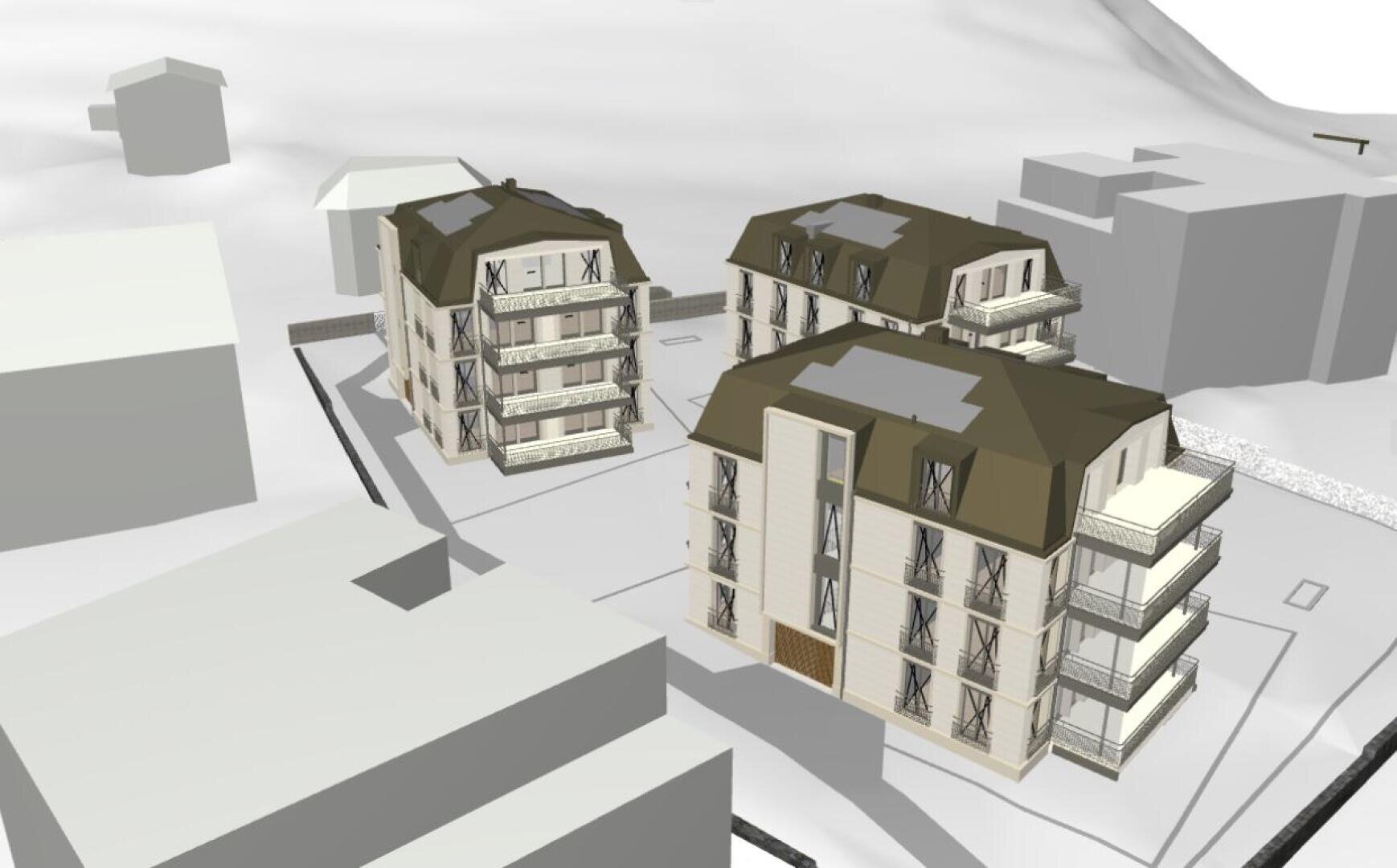 3D-Rendering von drei mehrstöckigen Wohngebäuden mit braunen Dächern und Balkonen, umgeben von vereinfachten, blockartigen Formen, die andere Strukturen und Gelände darstellen. Die Szene scheint eine geplante Stadtentwicklung darzustellen.