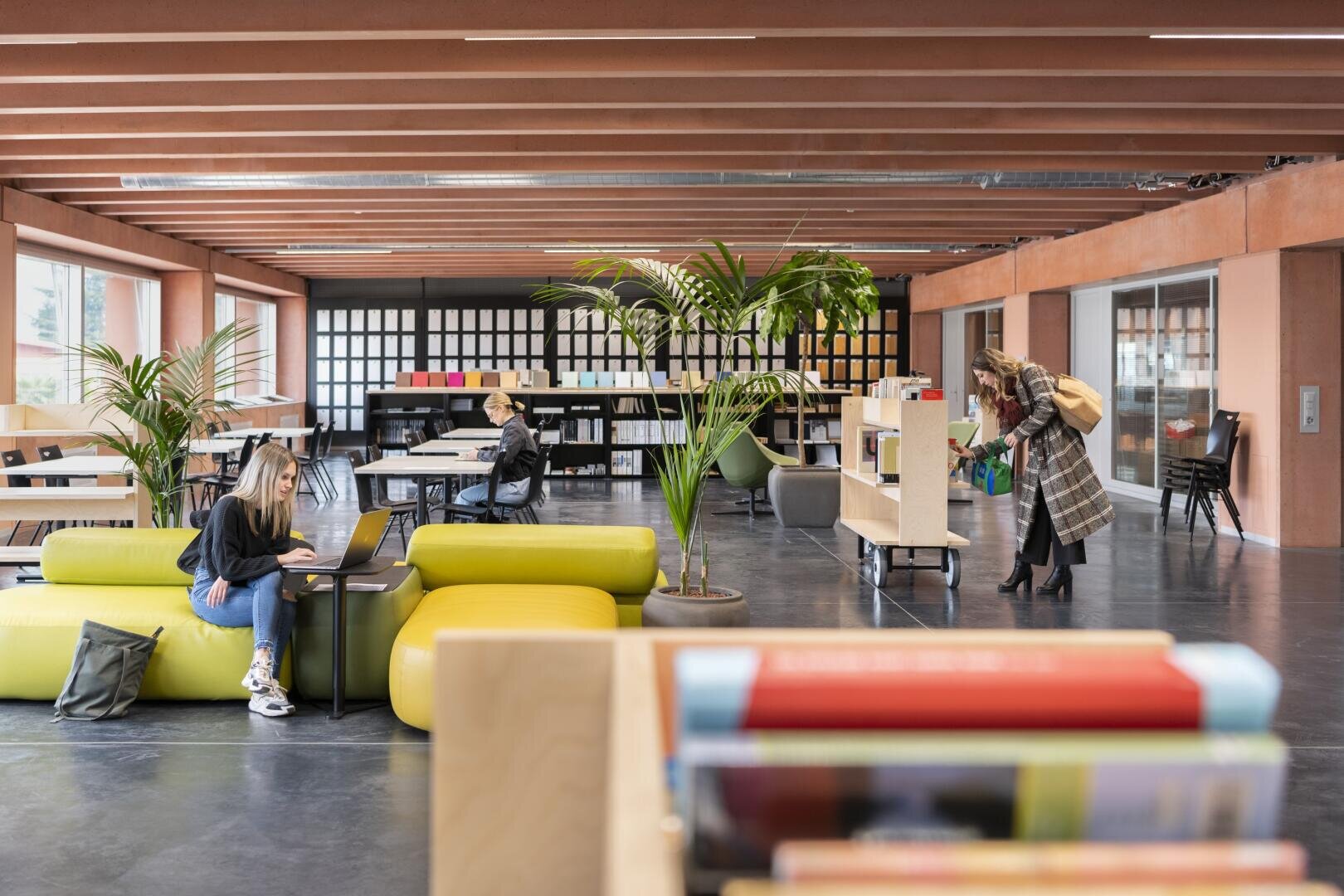 Moderne Bibliotheksinnenausstattung mit Menschen, die lernen, auf bunten Möbeln sitzen und in den Bücherregalen stöbern. Große Fenster, Holzbalken und Zimmerpflanzen schaffen eine helle, einladende Atmosphäre.