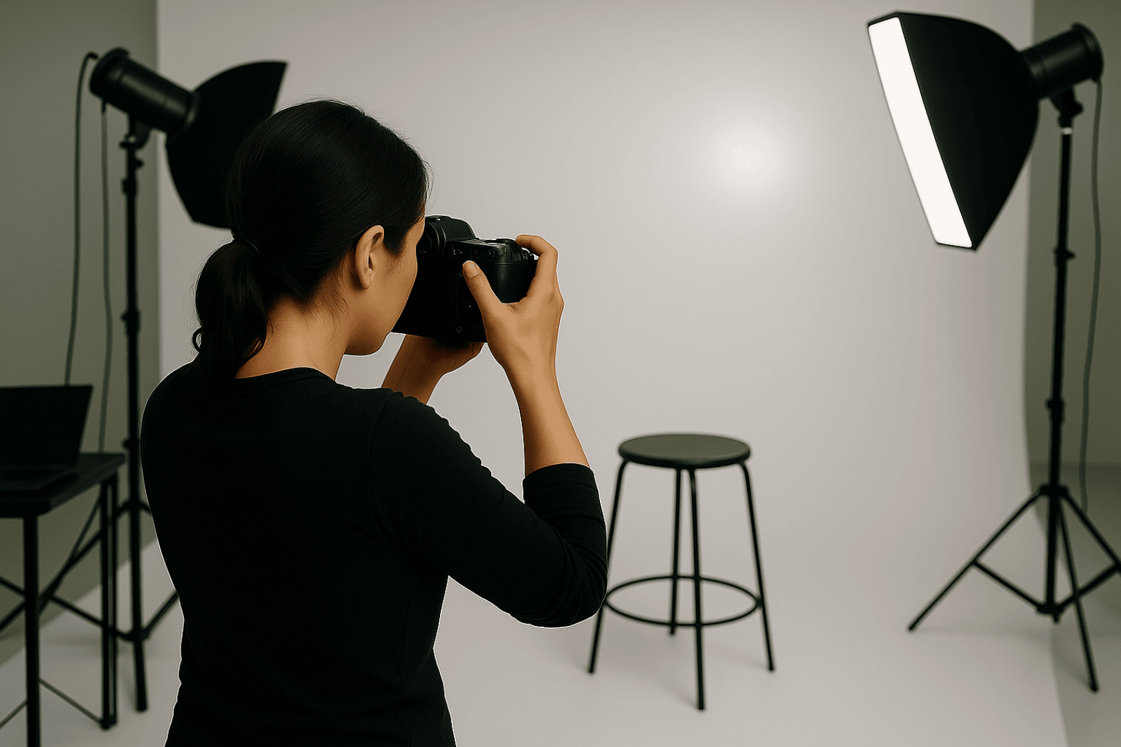 Eine Person mit dunklem Haar in einem Pferdeschwanz fotografiert einen leeren Hocker in einem Fotostudio, umgeben von zwei großen Softboxen und einem weißen Hintergrund.