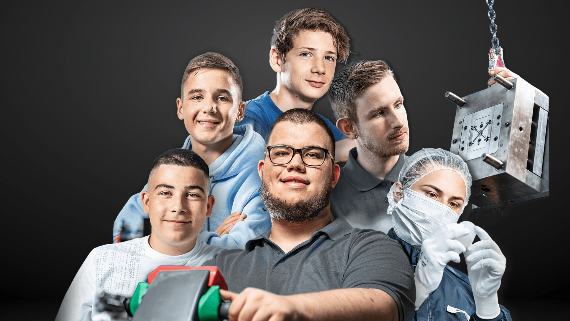 Sechs junge Menschen posieren gemeinsam vor einem dunklen Hintergrund und tragen unterschiedliche Outfits. Einer hält ein Werkzeug in der Hand, ein anderer trägt Arztkittel und Handschuhe, und ein dritter steht neben einem großen hängenden industriellen Maschinenteil. Die jungen Menschen stehen für ihre Lehre, welche sie gerade absolvieren.
