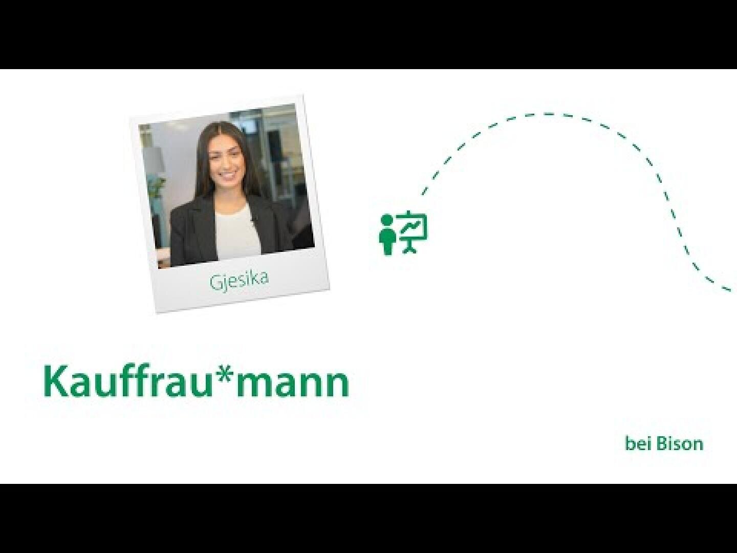 Eine Frau lächelt auf einem Foto im Polaroid-Stil mit der Aufschrift Gjesika. Der Text darunter lautet Kauffrau*mann, und in der Ecke steht bei Bison. Auf weißem Hintergrund sind Icons und eine gepunktete Linie zu sehen.