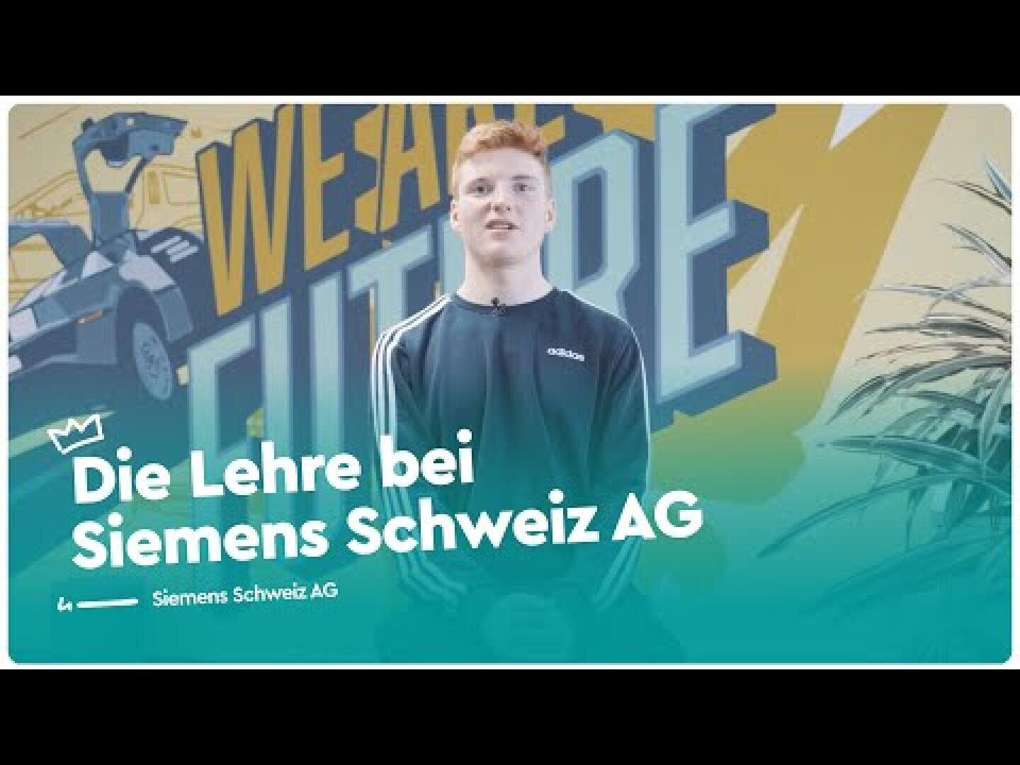 Ein junger Mann steht vor einem bunten Wandbild mit der Aufschrift WE ARE FUTURE. Der Text auf dem Bild lautet: Die Lehre bei Siemens Schweiz AG. Das Logo der Siemens Schweiz AG erscheint unten links.