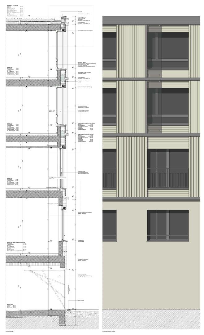 Architekturzeichnung mit einem Gebäudeschnitt mit technischen Details auf der linken Seite und einer verputzten Ansicht einer mehrstöckigen Fassade mit Fenstern und vertikaler Verkleidung auf der rechten Seite.