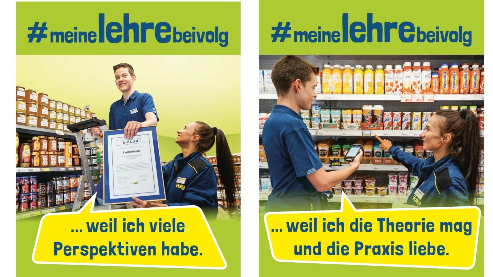 Zwei Supermarktangestellte unterhalten sich vor den Regalen. Auf der linken Seite hält einer ein Zertifikat, auf der rechten Seite diskutieren sie über Produkte. Beide Bilder zeigen #meinelehrebeivolg und gelbe Sprechblasen mit deutschem Text.