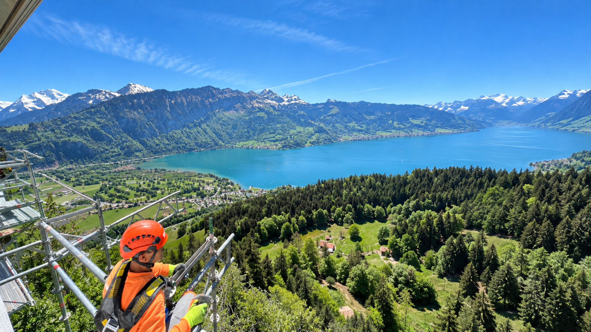 Ein Arbeiter in einer orangefarbenen Weste und mit einem Helm steht auf einem Gerüst und blickt auf einen See, einen grünen Wald und schneebedeckte Berge unter einem strahlend blauen Himmel.