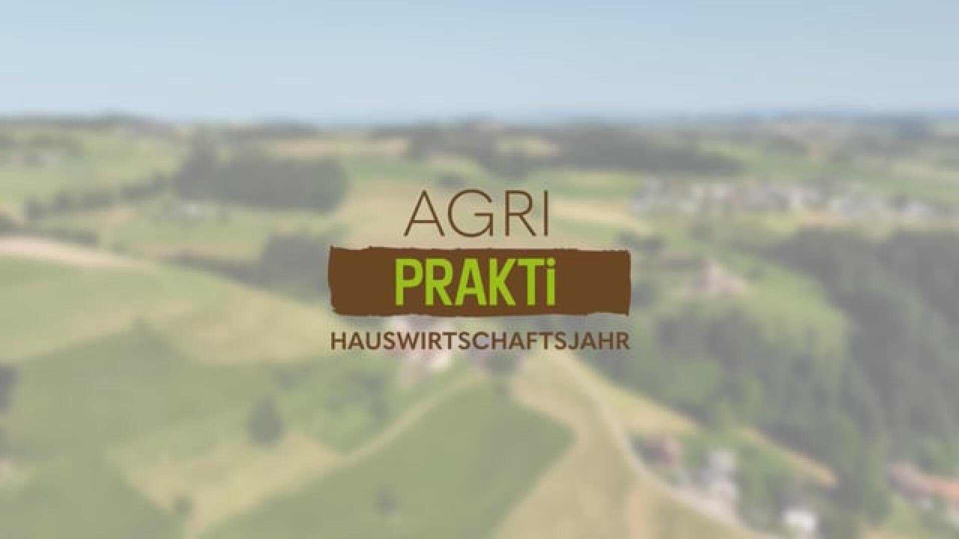 Textüberlagerung auf einer verschwommenen ländlichen Landschaft: "AGRI PRAKTI HAUSWIRTSCHAFTSJAHR". Der Hintergrund zeigt wogende Felder und entfernte Bäume unter blauem Himmel.