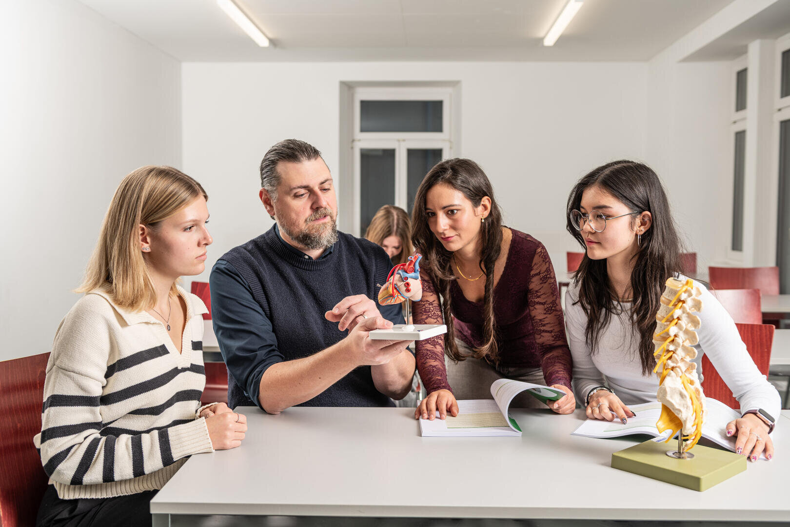 Ein Lehrer zeigt drei Schülern an einem Tisch im Klassenzimmer ein anatomisches Herzmodell. Die Schüler schauen aufmerksam zu, ihre Bücher liegen aufgeschlagen vor ihnen, daneben steht ein Modell der menschlichen Wirbelsäule.