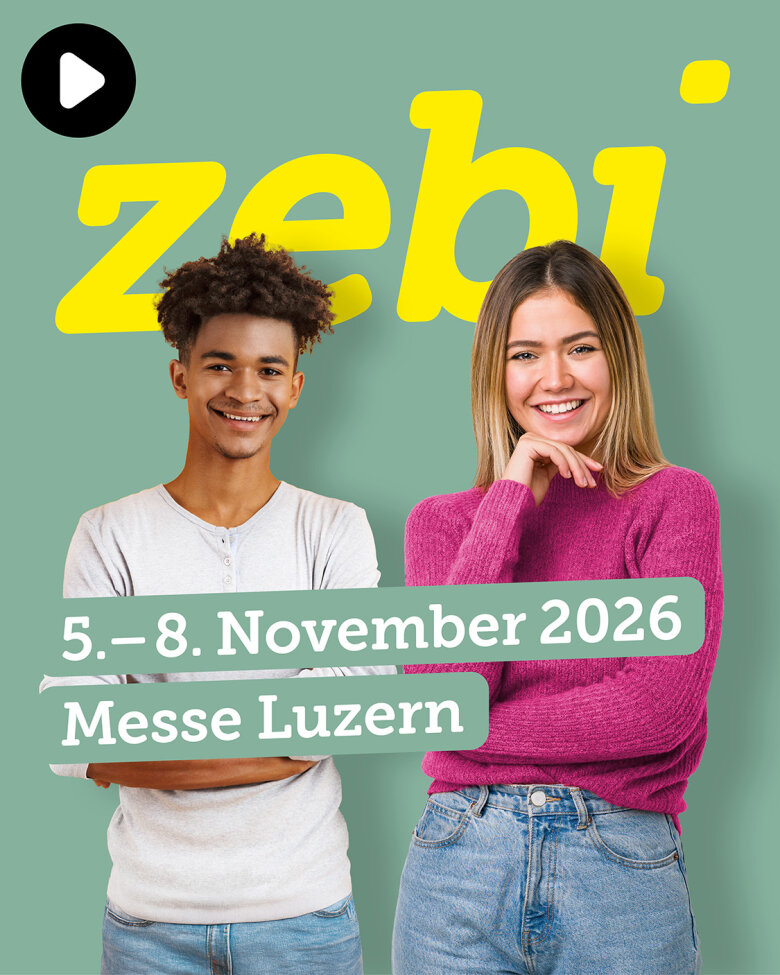 Zwei lächelnde junge Erwachsene stehen vor einem grünen Hintergrund, über ihren Köpfen ist in gelber Schrift „zebi“ zu lesen. Die Veranstaltungsdetails lauten: 5.–8. November 2026, Messe Luzern.