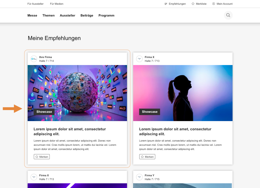 Auf einer Webseite werden empfohlene Artikel mit illustrierten Karten angezeigt. Die hervorgehobene Karte links zeigt einen farbigen Globus, der von Bildschirmen umgeben ist; die Karte rechts zeigt die Silhouette einer Frau vor einem blau-violett abgestuften Hintergrund.