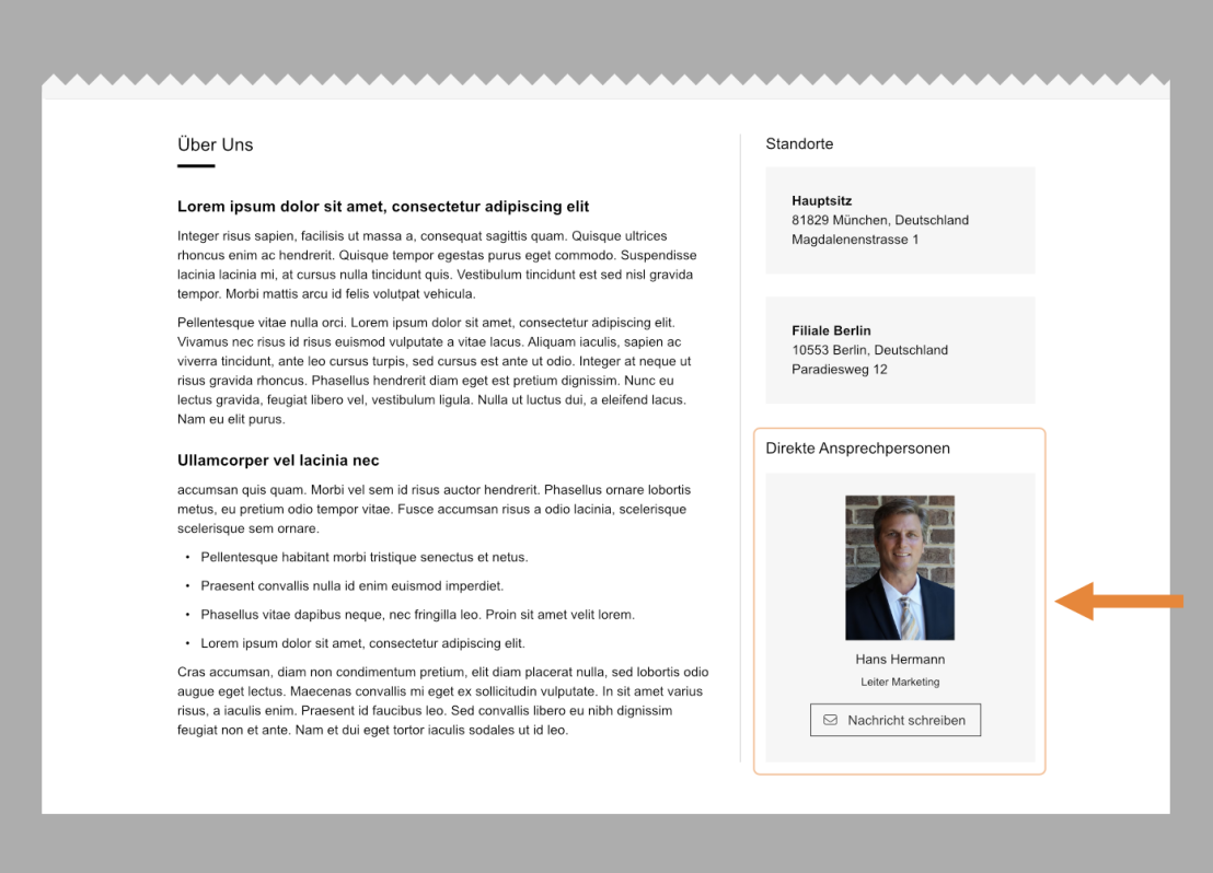 Ein Webseitenabschnitt mit Unternehmensinformationen in deutscher Sprache. Rechts ist ein Kasten mit einem Männerfoto mit der Aufschrift „Hans Hermann, Leiter Marketing“ zu sehen. Darunter befindet sich ein Button mit der Aufschrift „Nachricht schreiben“. Ein Pfeil zeigt auf dieses Kontaktfeld.