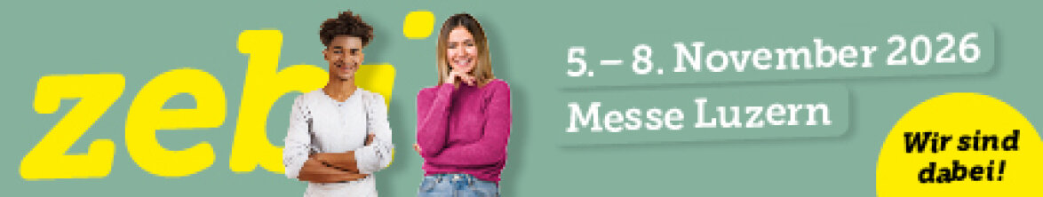 Zwei lächelnde junge Menschen stehen neben einem großen gelben Schriftzug „Zebi“. Veranstaltungsdetails: 5.–8. November 2026, Messe Luzern. In einem gelben Kreis steht auf hellgrünem Hintergrund „Wir sind dabei!“.