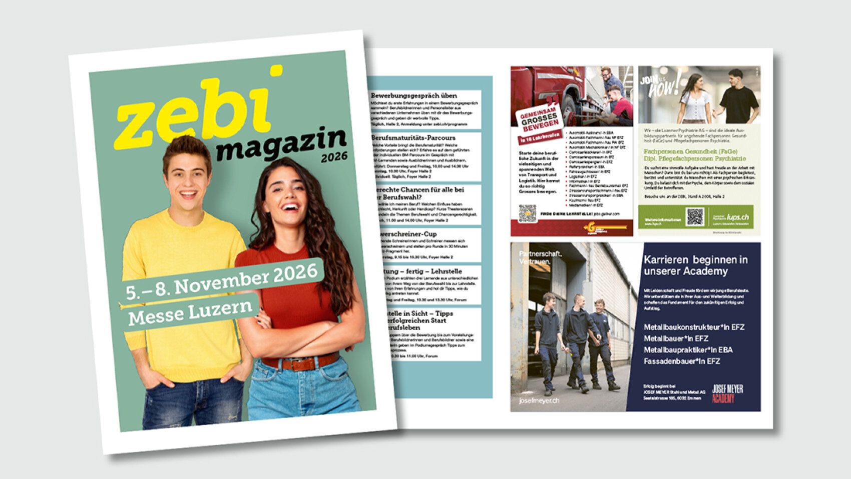 Zwei lächelnde Teenager auf dem Titelblatt des „Zebi Magazins“ 2026. Auf den Innenseiten finden sich Veranstaltungsdetails, Stellenanzeigen und Fotos von jungen Menschen in beruflichen Situationen. Veranstaltung: 5.–8. November 2026, Messe Luzern.